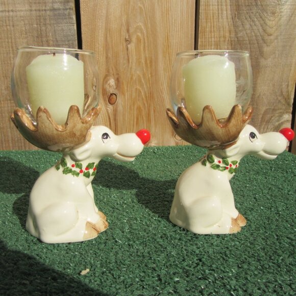 Set of 2 Vintage Fitz And Floyd Rudolph w/ Votive Candle Christmas Sets JAPAN - Picture 4 of 8